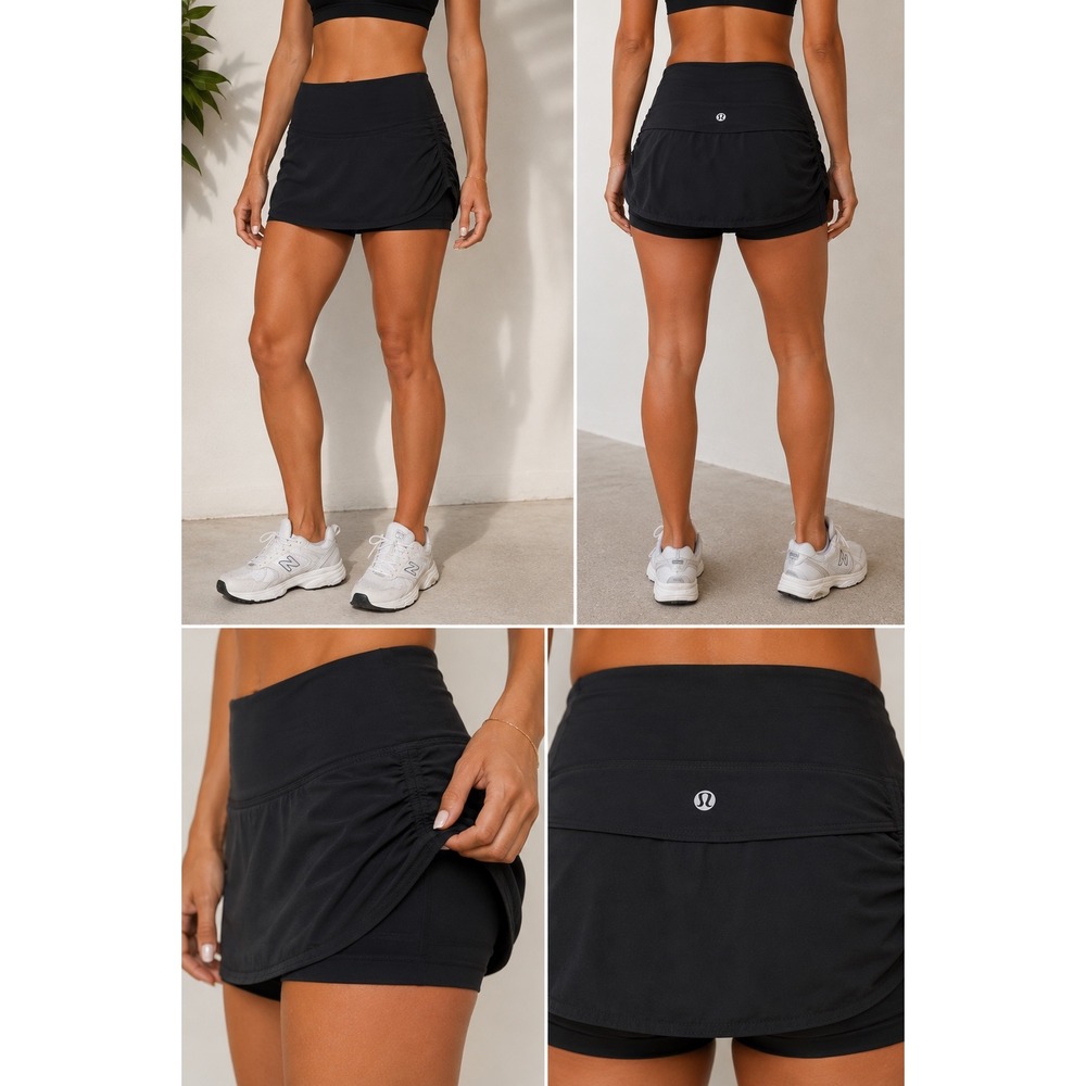 Lululemon Run Pace Setter Skirt Black Active Skort Size 6 Side Ruched Zip Pocket